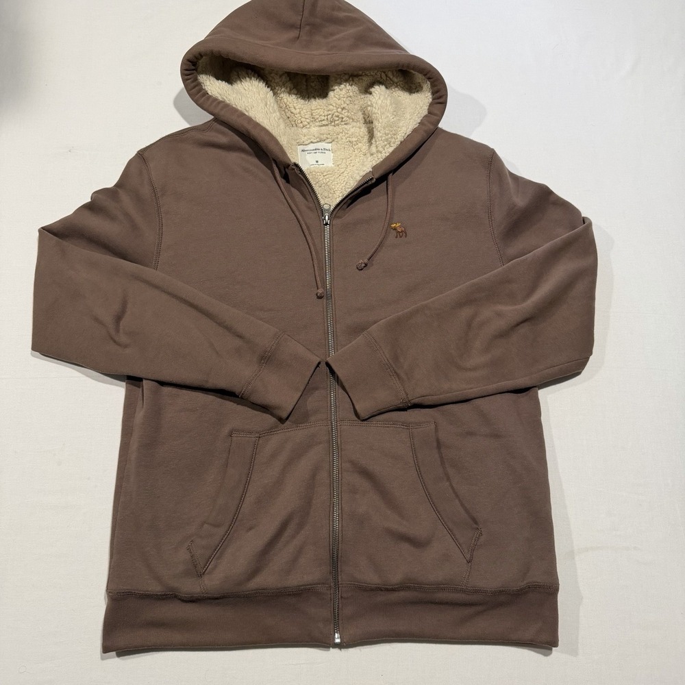 Abercrombie Fitch Mens Medium Brown Sherpa Lined Full Zip Fleece Hoodie Jacket